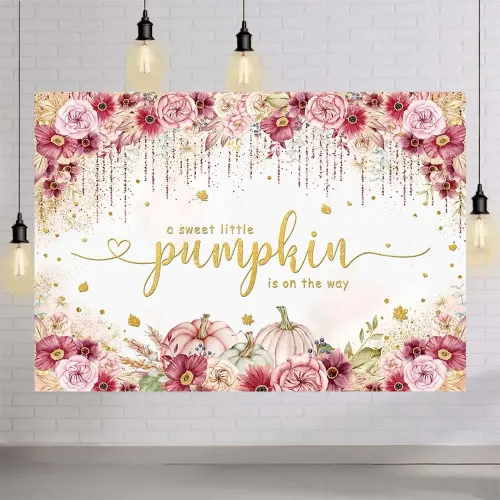 Vista 4 de MEHOFOND Fondo de otoño de 7 x 5 pies con temática de calabaza estilo bohemio para baby shower, fondo de fotos de baby shower, color rosa, burdeos