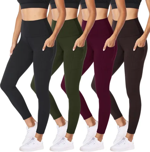 Vista 72 de NexiEpoch - Paquete de 4 leggings suaves para mujer, con bolsillos, control de abdomen y cintura alta, pantalones capri para yoga y ejercicio