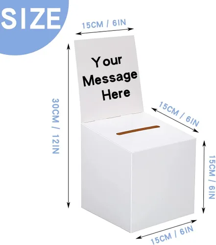Vista 2 de 12 urnas de donación para recaudación de fondos, caja de cartón de 6 x 6 x 6 pulgadas con ranura y cabecera extraíble para recoger tarjetas