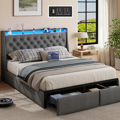 Vista 10 de SADENICEL Full Size Bed Frame with 4 Storage Drawer, Full Bed Frame, Grey