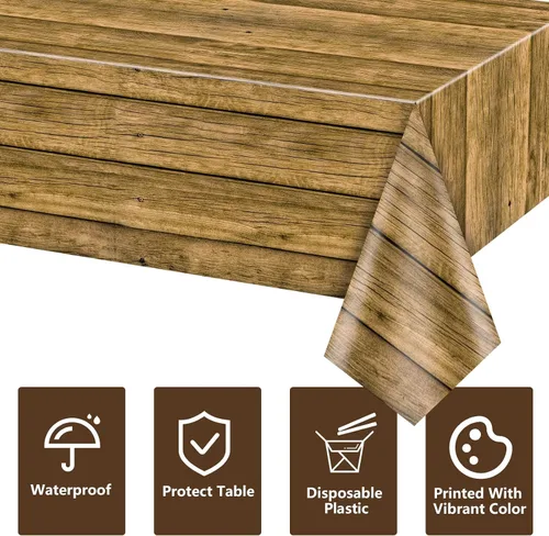 Vista 4 de 4 manteles de madera, manteles rústicos marrones, decoración de mesa rectangular para decoración rústica de fiesta de cumpleaños con temática