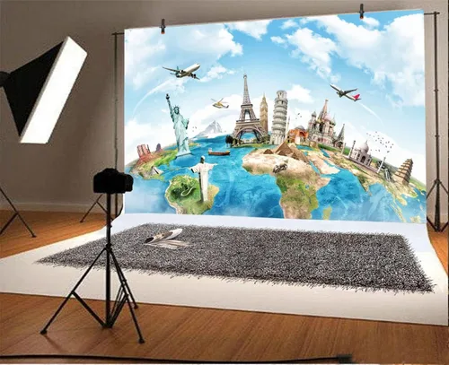 Vista 2 de Yeele Telón de fondo de viaje de globo de 10 x 8 pies, mapa de la tierra, continente mundial, famoso, paisaje, fotografía del hogar, fondo