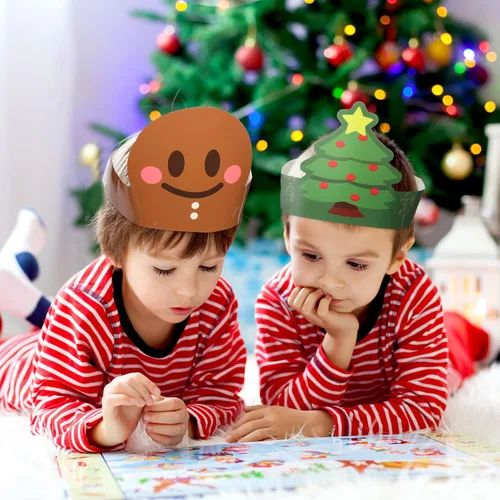Vista 6 de Skylety 40 sombreros de fiesta de papel de Navidad para niños, ajustable, corona de papel, diadema, Papá Noel, elfo, reno, muñecos de nieve, hombre