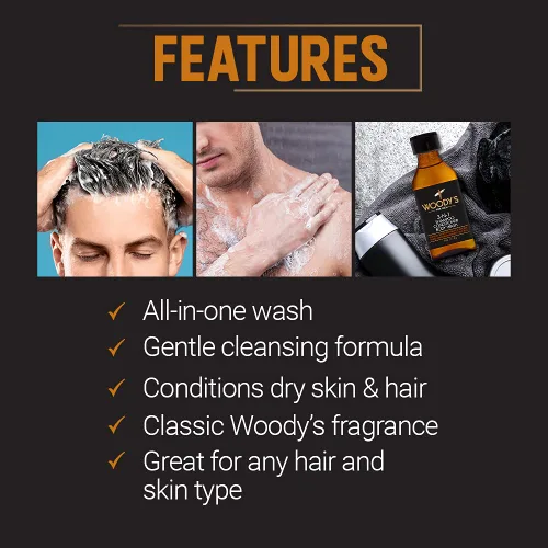 Vista 4 de Woody's Champú, acondicionador y gel de baño 3 en 1 para hombre, tamaño de viaje, limpiador refrescante multiusos esencial de aseo personal, 1.7