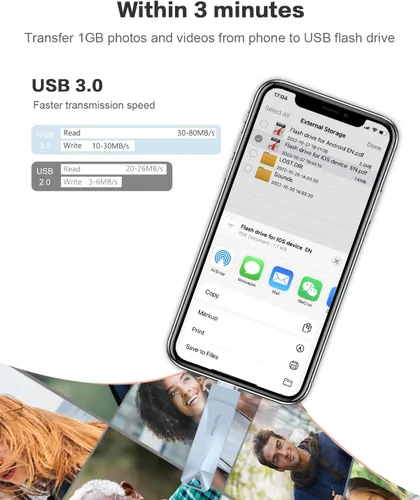 Vista 7 de Memoria USB Qainerly de 512 GB para teléfono, todos los modelos, almacenamiento de transferencia de diseño 4 en 1, iPad/PC/Android