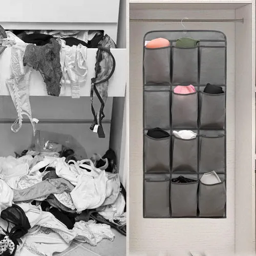 Vista 3 de Organizador de zapatos colgante de doble cara para armario con 24 bolsillos grandes, soporte para zapatos colgante con colgador giratorio (gris)