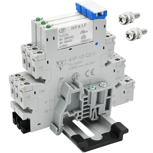 Vista 22 de Relé electromagnético 5VDC SPDT 6Amp, relés de alimentación con indicador LED, base de enchufe, riel DIN, ultra delgado de 6.2mm, certificación UL