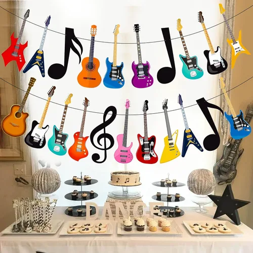 Vista 8 de Cartel de guitarra con música, guitarra, fiesta, decoración de fiesta de cumpleaños, 2 unidades, pancartas de fiesta musical para guitarra de rock
