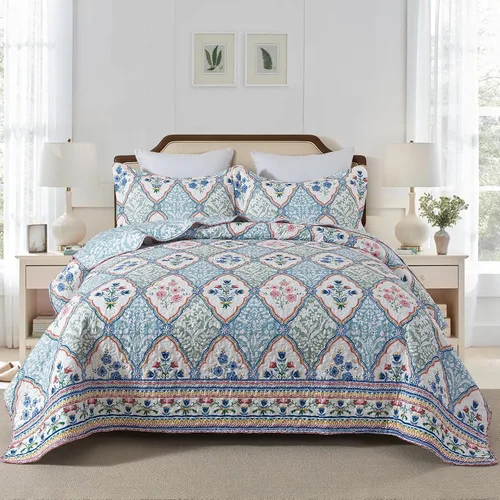 Vista 31 de NEWLAKE Juego de colchas tamaño queen, conjunto de colcha de algodón con diseño de retazos en colores azul y negro con patrones a cuadros, colcha