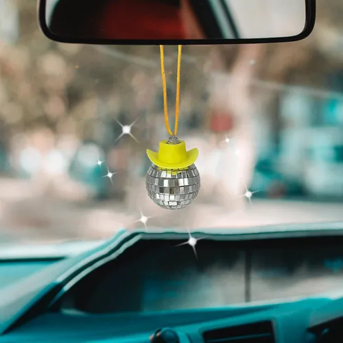 Vista 8 de Accesorio de Coche con Bola de Discoteca y Sombrero de Vaquero Negro, Adorno de Espejo, Accesorios Interiores