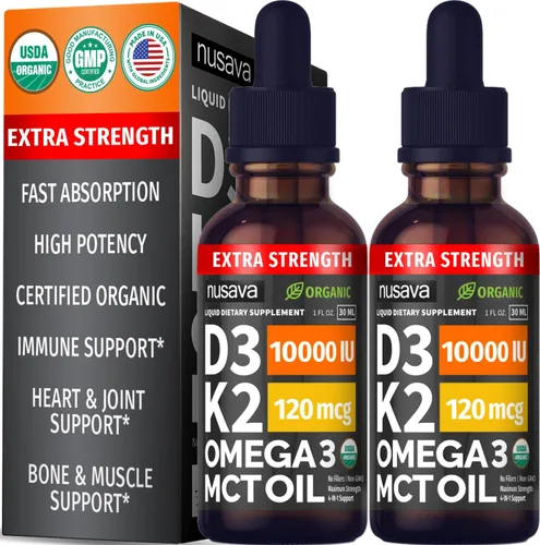 Vista 10 de Paquete de 2 gotas orgánicas de vitamina D3 K2 con aceite MCT y Omega 3 - Vitamina líquida D3 5000 UI - Suplemento de vitamina K2 D3 - Gotas
