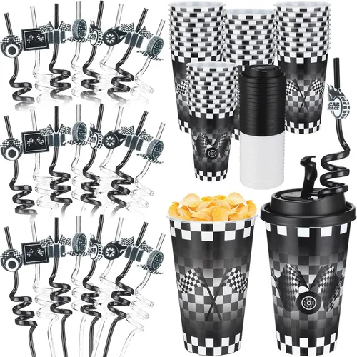 Vista 17 de Yungyan 16 juegos de tazas de golosinas con tapas y pajitas para decoraciones de cumpleaños, reutilizables, 16 onzas, vasos de plástico para dulces