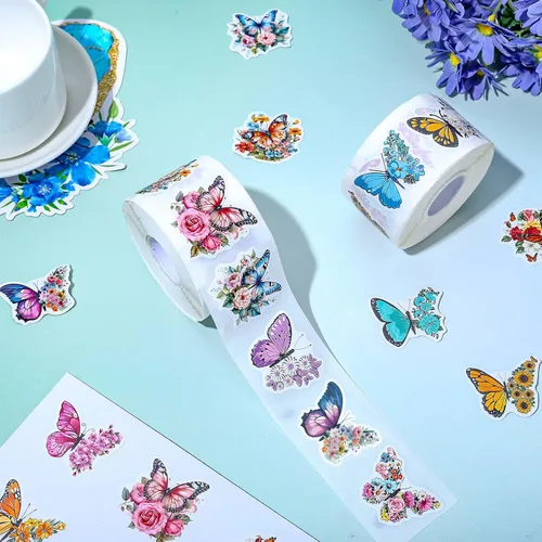 Vista 3 de Whaline 1000 calcomanías de flores de mariposa, rollo floral de primavera, 16 diseños, acuarela, autoadhesivas, calcomanías decorativas para sobres