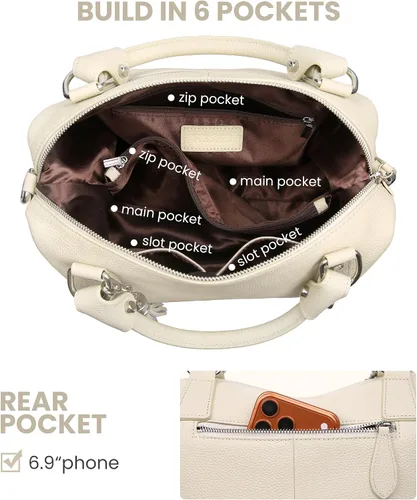 Vista 5 de Heshe Bolsos de hombro de cuero genuino para mujer, bolsos satchel, bolsos bandolera de cuero real para damas Beige