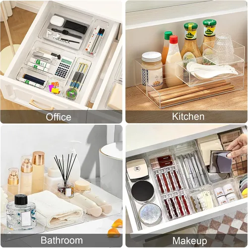 Vista 4 de Juego organizador de cajones de acrílico apilable, 11 cubos de almacenamiento de varios tamaños para maquillaje, escritorio de oficina, baño