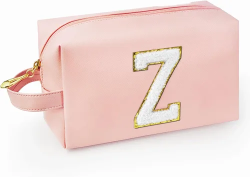 Vista 58 de Bolsa de maquillaje personalizada con inicial con asa, bolsa de cosméticos de preparación con bolsillo interior con cremallera, 8, 9, 10, 11, 12 Rosa