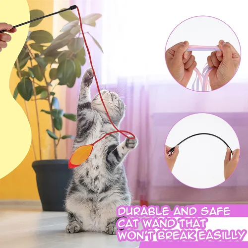 Vista 4 de simarro 3 piezas de juguetes de varita de plumas para gatos, juguete interactivo para gatos de interior y adultos, juguetes coloridos para gatos