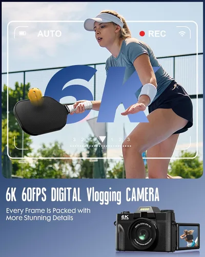 Vista 2 de Yatao Cámara digital con pantalla abatible WiFi 6K, micrófono y luz de Negro