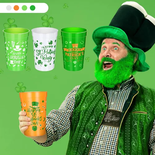 Vista 4 de Meanplan 36 tazas de plástico para el Día de San Patricio de 12 onzas de plástico verde trébol reutilizables a granel para niños y adultos
