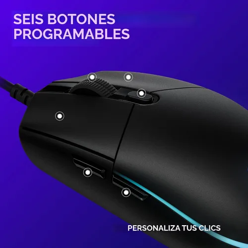 Vista 5 de Logitech G203 - Mouse para juegos con cable, 8,000 DPI, efecto óptico arcoíris LIGHTSYNC RGB, 6 botones programables, memoria integrada, mapeo