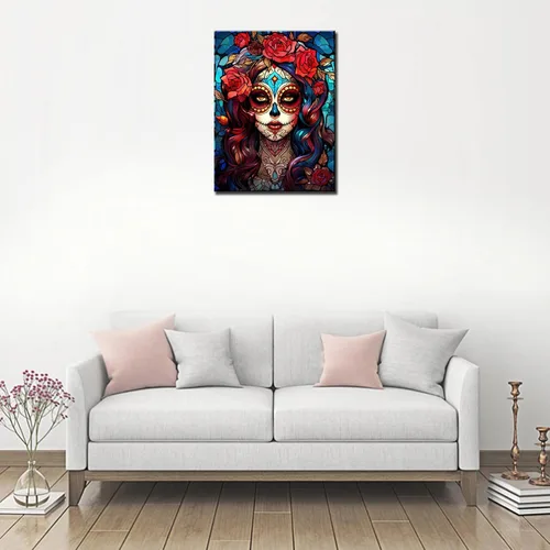 Vista 3 de Pintura de diamantes de calavera de azúcar 5D, kit de numeración, arte del día de la muerte, arte de pared de rosa roja, arte de pared con diamantes