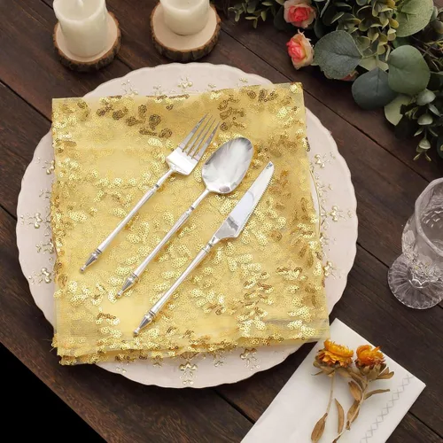 Vista 6 de Efavormart Servilletas de tela de cena con hojas de oro brillante y enredaderas bordadas con lentejuelas, servilletas decorativas transparentes