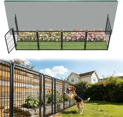 Vista 50 de FXW Valla de jardín al aire libre para el patio, 17 pulgadas de alto x 29.3 pies de largo, barrera de metal resistente para animales, para perros