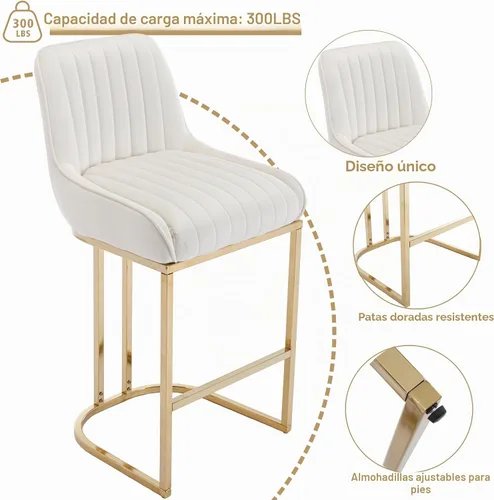 Vista 4 de Shunzhi Juego de 4 taburetes de bar de terciopelo beige, modernos y cómodos taburetes de mostrador con respaldo/patas doradas, sillas de bar