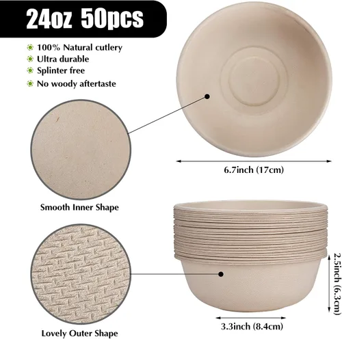 Vista 2 de Cuencos de papel desechables, 24 onzas [paquete de 50] Tazón grande - 100% compostable, biodegradable, ecológico, conveniente para el uso diario