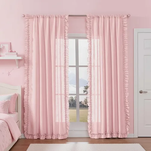 Vista 29 de TERLYTEX Cortinas de encaje de lino de 96 pulgadas de largo 2 paneles, 42 x 96 pulgadas, cortinas con volantes estilo granja para sala con bolsillo