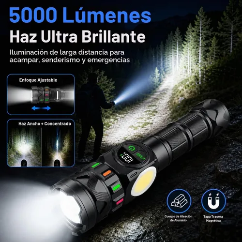 Vista 10 de Linternas recargables de alto lúmenes 5000 de larga distancia, luces LED superbrillantes con luz lateral COB pantalla LCD USB C, fuente de luz dual