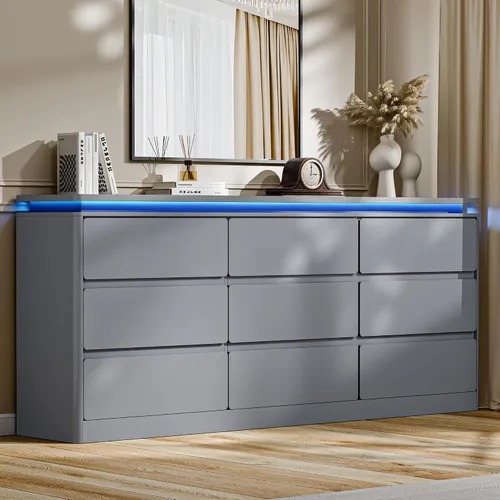 Vista 13 de Gyfimoie Cómoda Negra de 6 Cajones para Dormitorio, Cajonera Larga de 47.2" con Estación de Carga y Luces LED, Gabinete de Almacenamiento de Madera