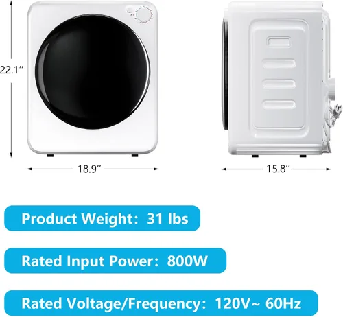 Vista 4 de Secadora de ropa portátil de 1.7 pies cúbicos, 5 modos de secado y perilla de control 800W Front Load Compact Laundry Dryer Machine with Stainless