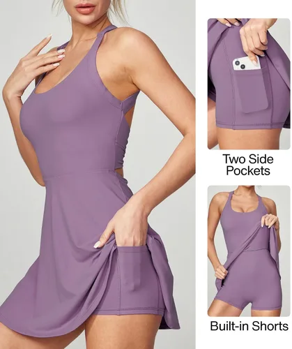 Vista 4 de Heathyoga Vestido de tenis con pantalones cortos integrados y brasier atlético para mujer, vestido de entrenamiento de golf trenzado de verano