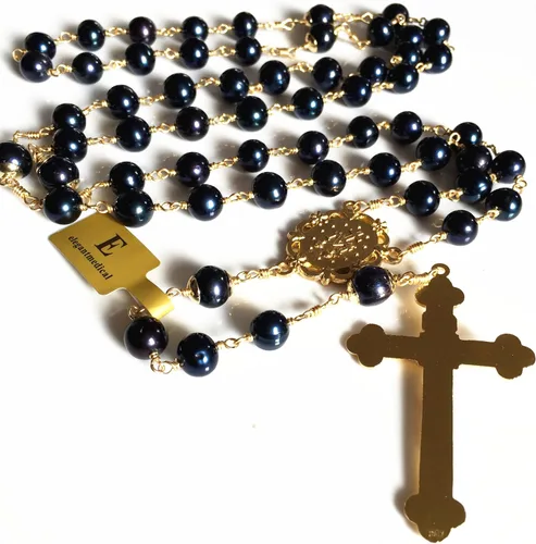 Vista 4 de elegantmedical Negro AAA+0.394 in Perlas Reales Cuentas Oro ROSARIO CRUZ Collar y caja REGALOS Católicos, Cobre Perla