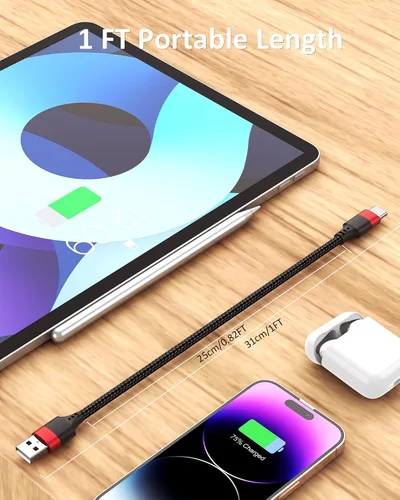 Vista 2 de Cable corto USB a USB C, paquete de 2 cables USB C de 1 pie, cable USBC trenzado de 12 pulgadas de 3A de carga rápida para iPhone 17 16 15 Pro Max