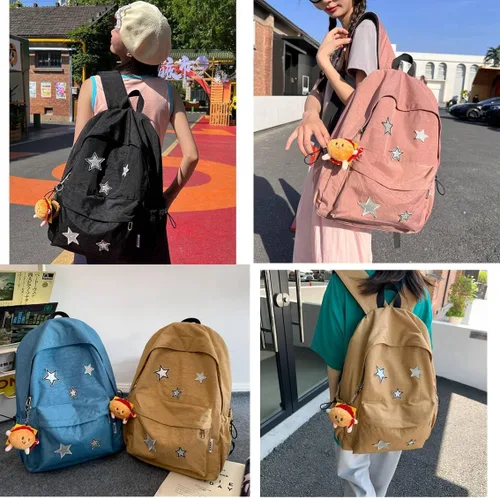 Vista 8 de Mochila Kawaii con bonitos accesorios, patrones de estrellas y material de nailon duradero, Negro 1, Kawaii