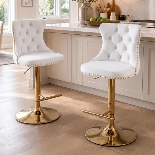 Vista 220 de SoarFlash Juego de 2 taburetes de bar tapizados de terciopelo moderno con patas de madera, botones acolchados, cabeza de clavo cromada, asiento