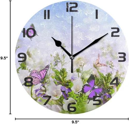 Vista 5 de Reloj de jardín de flores voladoras de mariposa reloj de tipo árabe pintado silencioso sin tictac redondo reloj de pared arte para el hogar