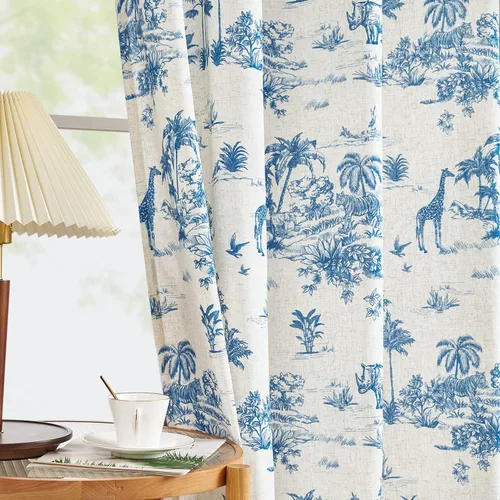 Vista 13 de Jinchan Cortinas de lino para sala de estar de 63 pulgadas de largo, con estampado de hojas tropicales, cortinas botánicas de lino estilo rústico