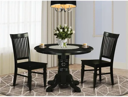 Vista 2 de East West Furniture SHWE3-BLK-W Juego de mesa y sillas de cocina de 3 piezas contiene una mesa de comedor redonda con pedestal y 2 sillas