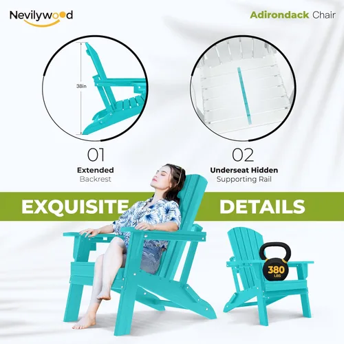 Vista 5 de nevilywood Silla Adirondack plegable – Respaldo ergonómico extendido, portavasos – Fácil montaje – Plástico HDPE duradero, resistente a
