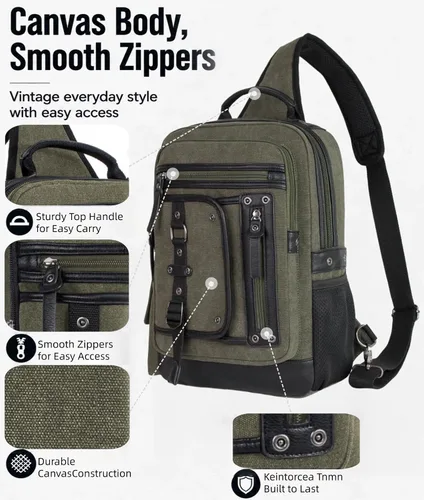 Vista 6 de Bolsa de mensajero para hombre, bolsa cruzada de lona, mochila cruzada, bolsa de hombro para laptop, senderismo, mochilas casuales tácticas