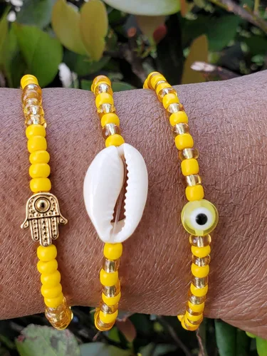 Vista 9 de 3 pcs Ilde Cowrie seashell Evil Eye Hamsa Hand Orisha Santeria Pulseras Bracelet Set