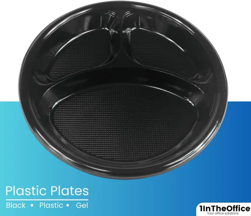 Vista 3 de Platos seccionales de plástico de 10 pulgadas con 3 compartimentos, platos desechables con compartimento, placas seccionales redondas negras de 10
