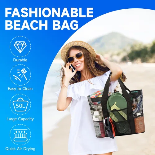 Vista 7 de Bolsa de playa de malla, bolsa de playa para mujer, impermeable, a prueba de arena, con bolsa de maquillaje de malla, artículos esenciales