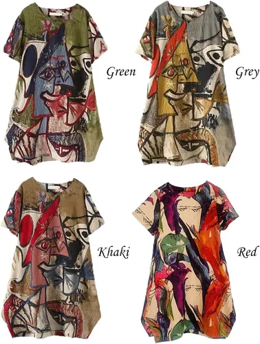 Vista 2 de FTCayanz Vestido casual de manga corta para mujer, estampado holgado, con bolsillos