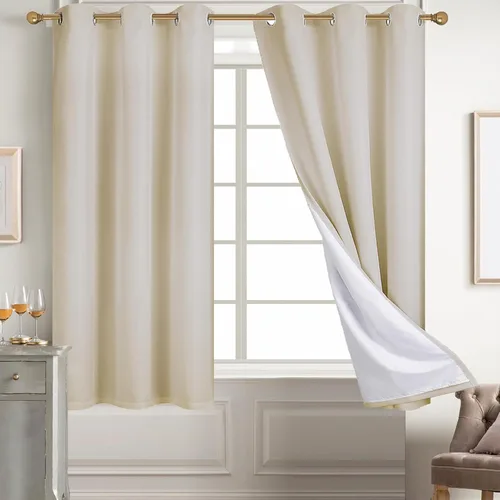 Vista 114 de Diraysid Cortinas 100% opacas de lino beige para dormitorio, con ojales, aislamiento térmico, cortinas de oscurecimiento de habitación