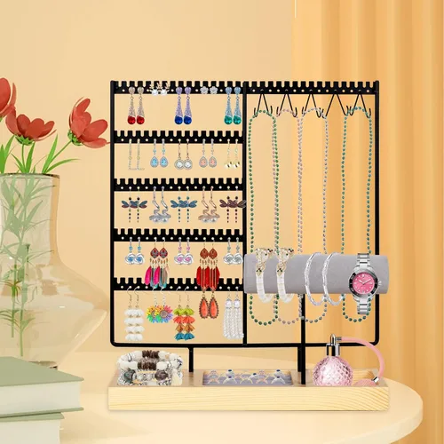 Vista 7 de Barelove Soporte organizador de joyas, estante de metal de 5 niveles para aretes con pantalla de 108 agujeros, 12 ganchos para collares, torre