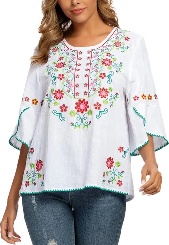 Vista 3 de Camisas mexicanas campesinas, blusas para mujer, blusas bordadas de algodón, para fiesta, verano, bohemias, mangas 34